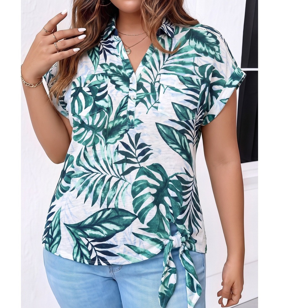Tommy Bahama Moorea Monstera Linen Camp Shirt L Green White Tropical Tie Front